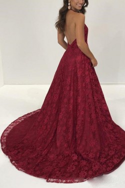 Halter Lace V-Neck Long Prom Dresses Formal Evening Dresses 601193