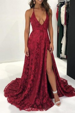 Halter Lace V-Neck Long Prom Dresses Formal Evening Dresses 601193