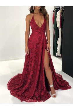 Halter Lace V-Neck Long Prom Dresses Formal Evening Dresses 601193