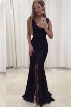 Sexy V-Neck Lace Chiffon Long Prom Dresses Formal Evening Dresses 601195