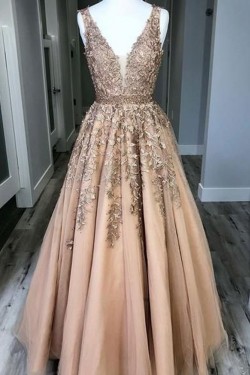 A-Line V-Neck Beaded Lace Long Prom Dresses Formal Evening Dresses 601202