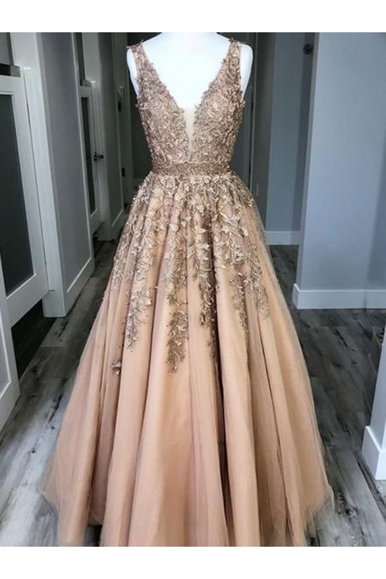 A-Line V-Neck Beaded Lace Long Prom Dresses Formal Evening Dresses 601202