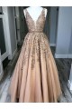 A-Line V-Neck Beaded Lace Long Prom Dresses Formal Evening Dresses 601202