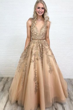 A-Line V-Neck Beaded Lace Long Prom Dresses Formal Evening Dresses 601202