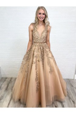 A-Line V-Neck Beaded Lace Long Prom Dresses Formal Evening Dresses 601202