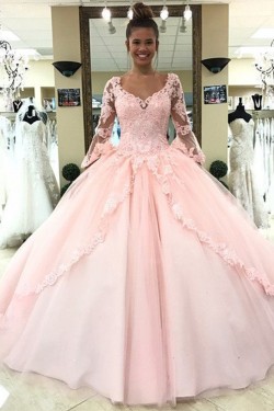 Ball Gown Long Sleeves Lace Long Prom Dresses Formal Evening Dresses 601203