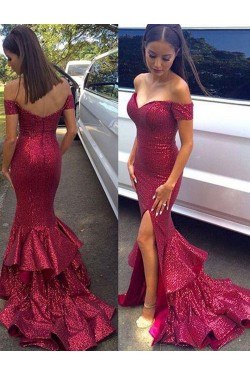 Mermaid Off-the-Shoulder Sequins Long Prom Dresses Formal Evening Dresses 601204