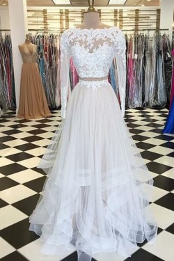 Two Pieces Long Sleeves Lace Long Prom Dresses Formal Evening Dresses 601205