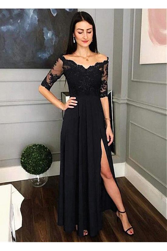 Lace and Chiffon V-Neck Long Mother of the Bride Dresses Formal Evening Dresses 601210
