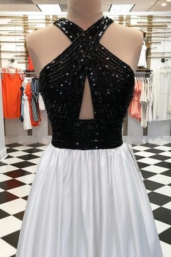 A-Line Beaded Black White Long Prom Dresses Formal Evening Dresses 601214