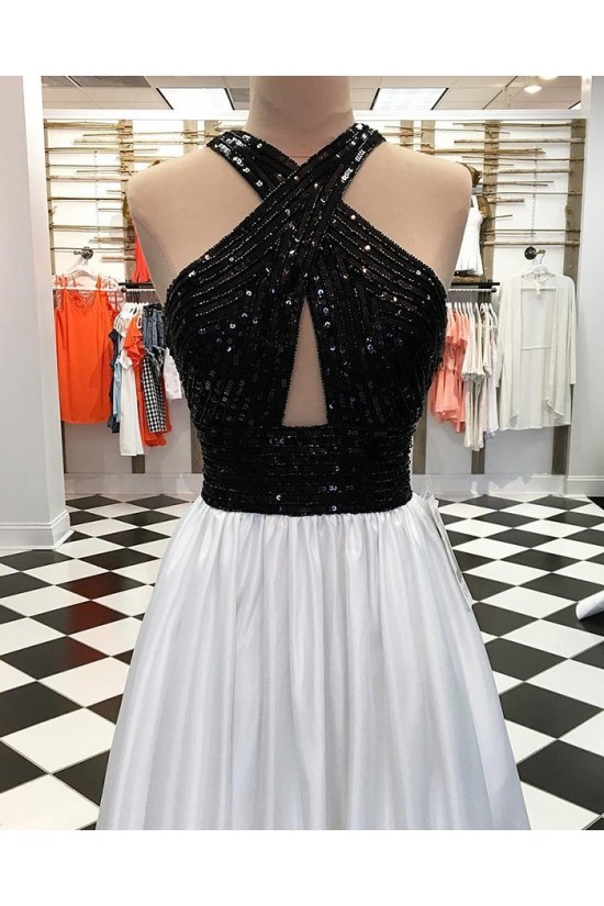 A-Line Beaded Black White Long Prom Dresses Formal Evening Dresses 601214 A-Line Beaded Black White Long Prom Dresses Formal Evening Dresses 601214
