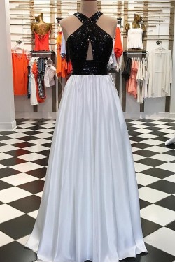A-Line Beaded Black White Long Prom Dresses Formal Evening Dresses 601214