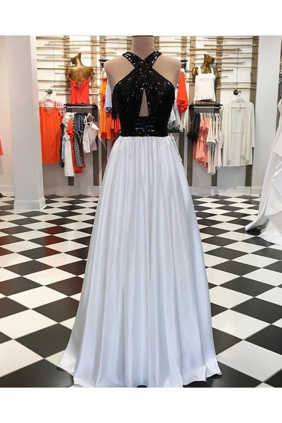 A-Line Beaded Black White Long Prom Dresses Formal Evening Dresses 601214 A-Line Beaded Black White Long Prom Dresses Formal Evening Dresses 601214