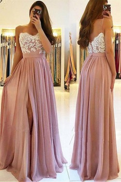 A-Line Lace Chiffon Spaghetti Straps Long Prom Dresses Formal Evening Dresses 601221
