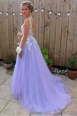 A-Line V-Neck Lace Tulle Long Prom Dresses Formal Evening Dresses 601223