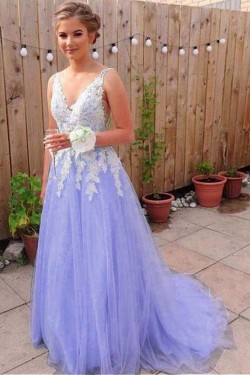 A-Line V-Neck Lace Tulle Long Prom Dresses Formal Evening Dresses 601223