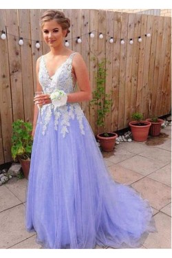 A-Line V-Neck Lace Tulle Long Prom Dresses Formal Evening Dresses 601223
