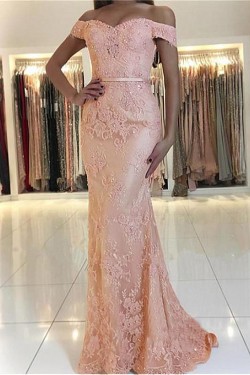 Mermaid Off-the-Shoulder Beaded Lace Long Prom Dresses Formal Evening Dresses 601225