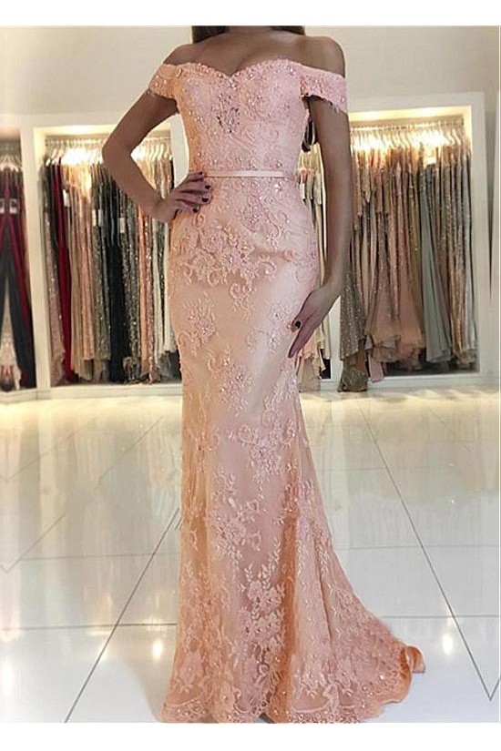 Mermaid Off-the-Shoulder Beaded Lace Long Prom Dresses Formal Evening Dresses 601225
