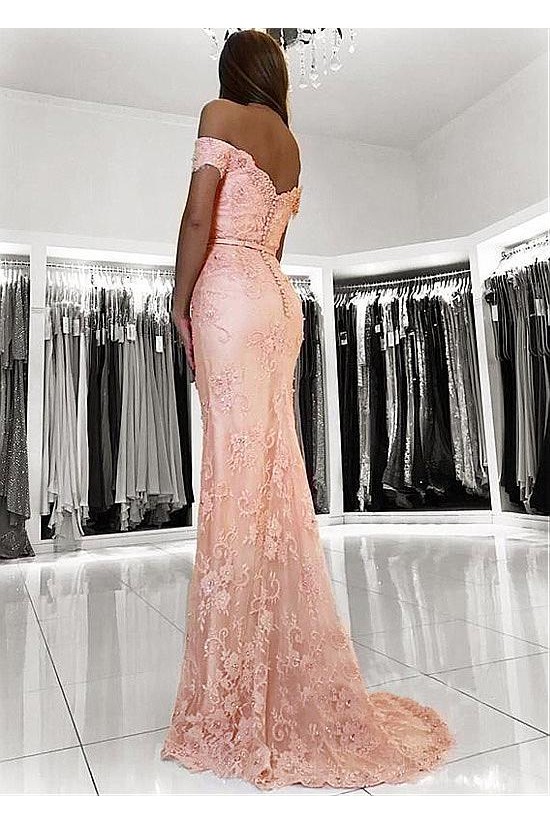 Mermaid Off-the-Shoulder Beaded Lace Long Prom Dresses Formal Evening Dresses 601225