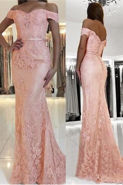 Mermaid Off-the-Shoulder Beaded Lace Long Prom Dresses Formal Evening Dresses 601225