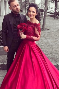 Ball Gown Off-the-Shoulder Lace Long Sleeves Prom Dresses Formal Evening Dresses 601228