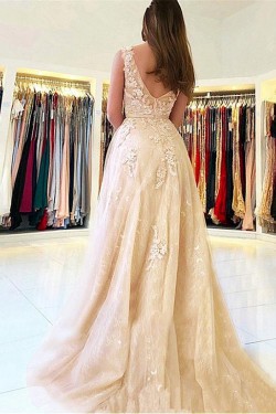 A-Line V-Neck Lace Long Prom Dresses Formal Evening Dresses 601229