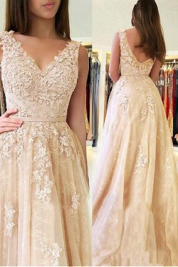 A-Line V-Neck Lace Long Prom Dresses Formal Evening Dresses 601229