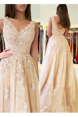A-Line V-Neck Lace Long Prom Dresses Formal Evening Dresses 601229