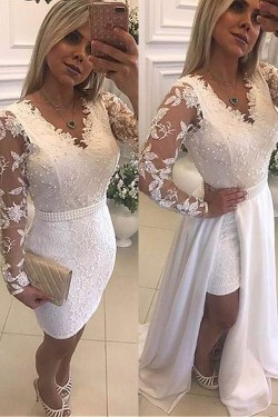 Long Sleeves Beaded V-Neck Lace White Prom Dresses Formal Evening Dresses 601230