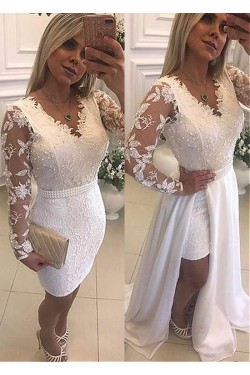 Long Sleeves Beaded V-Neck Lace White Prom Dresses Formal Evening Dresses 601230