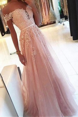 A-Line Lace Tulle Off-the-Shoulder Long Prom Dresses Formal Evening Dresses 601232
