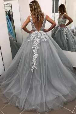 A-Line V-Neck Lace Tulle Long Prom Dresses Formal Evening Dresses 601233