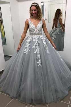 A-Line V-Neck Lace Tulle Long Prom Dresses Formal Evening Dresses 601233
