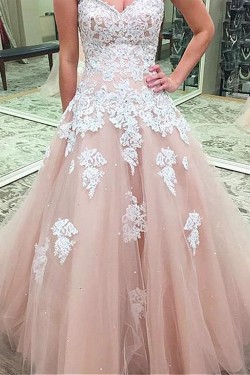 A-Line Sweetheart Lace Tulle Long Prom Dresses Formal Evening Dresses 601234