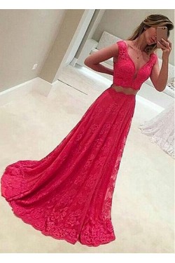 A-Line V-Neck Two Pieces Lace Long Prom Dresses Formal Evening Dresses 601235