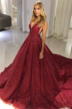 Sequins V-Neck Long Prom Dresses Formal Evening Dresses 601237