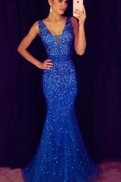 Mermaid V-Neck Beaded Long Prom Dresses Formal Evening Dresses 601239