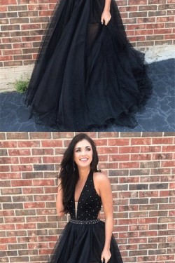 A-Line V-Neck Beaded Black Long Prom Dresses Formal Evening Dresses 601241