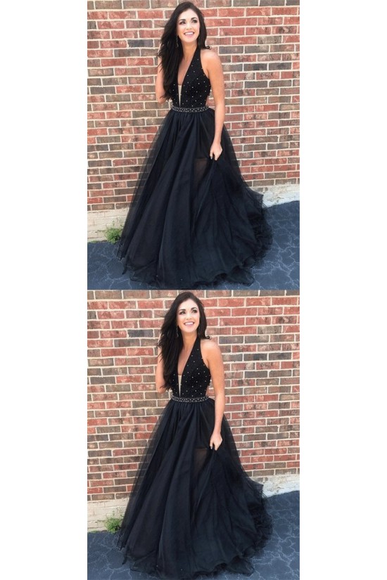 A-Line V-Neck Beaded Black Long Prom Dresses Formal Evening Dresses 601241