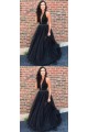 A-Line V-Neck Beaded Black Long Prom Dresses Formal Evening Dresses 601241