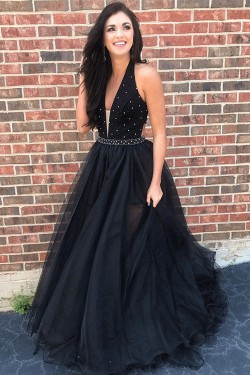 A-Line V-Neck Beaded Black Long Prom Dresses Formal Evening Dresses 601241