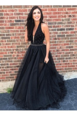A-Line V-Neck Beaded Black Long Prom Dresses Formal Evening Dresses 601241