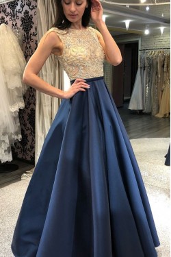 A-Line Beaded Long Prom Dresses Formal Evening Dresses 601244