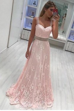 A-Line Beaded Lace Long Prom Dresses Formal Evening Dresses 601246