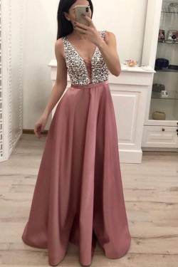 A-Line V-Neck Beaded Long Prom Dresses Formal Evening Dresses 601247
