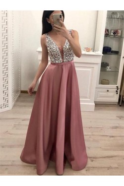 A-Line V-Neck Beaded Long Prom Dresses Formal Evening Dresses 601247