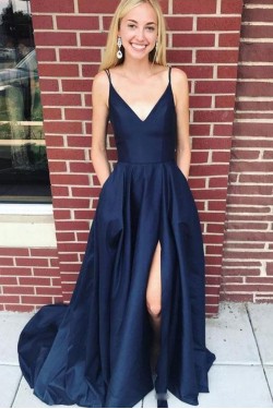 A-Line Spaghetti Straps V-Neck Long Prom Dresses Formal Evening Dresses 601253