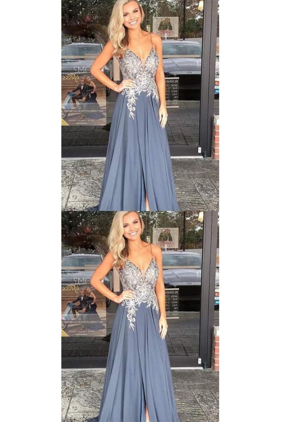 A-Line V-Neck Beaded Lace Chiffon Long Prom Dresses Formal Evening Dresses 601255 A-Line V-Neck Beaded Lace Chiffon Long Prom Dresses Formal Evening Dresses 601255
