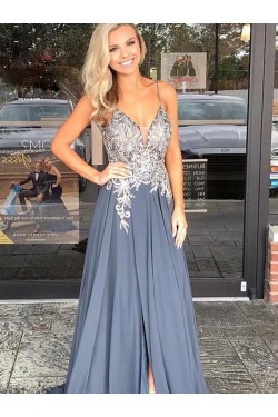 A-Line V-Neck Beaded Lace Chiffon Long Prom Dresses Formal Evening Dresses 601255
